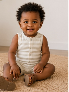 Smiling toddler in a striped onesie sitting on a woven rug, showcasing a cheerful expression.