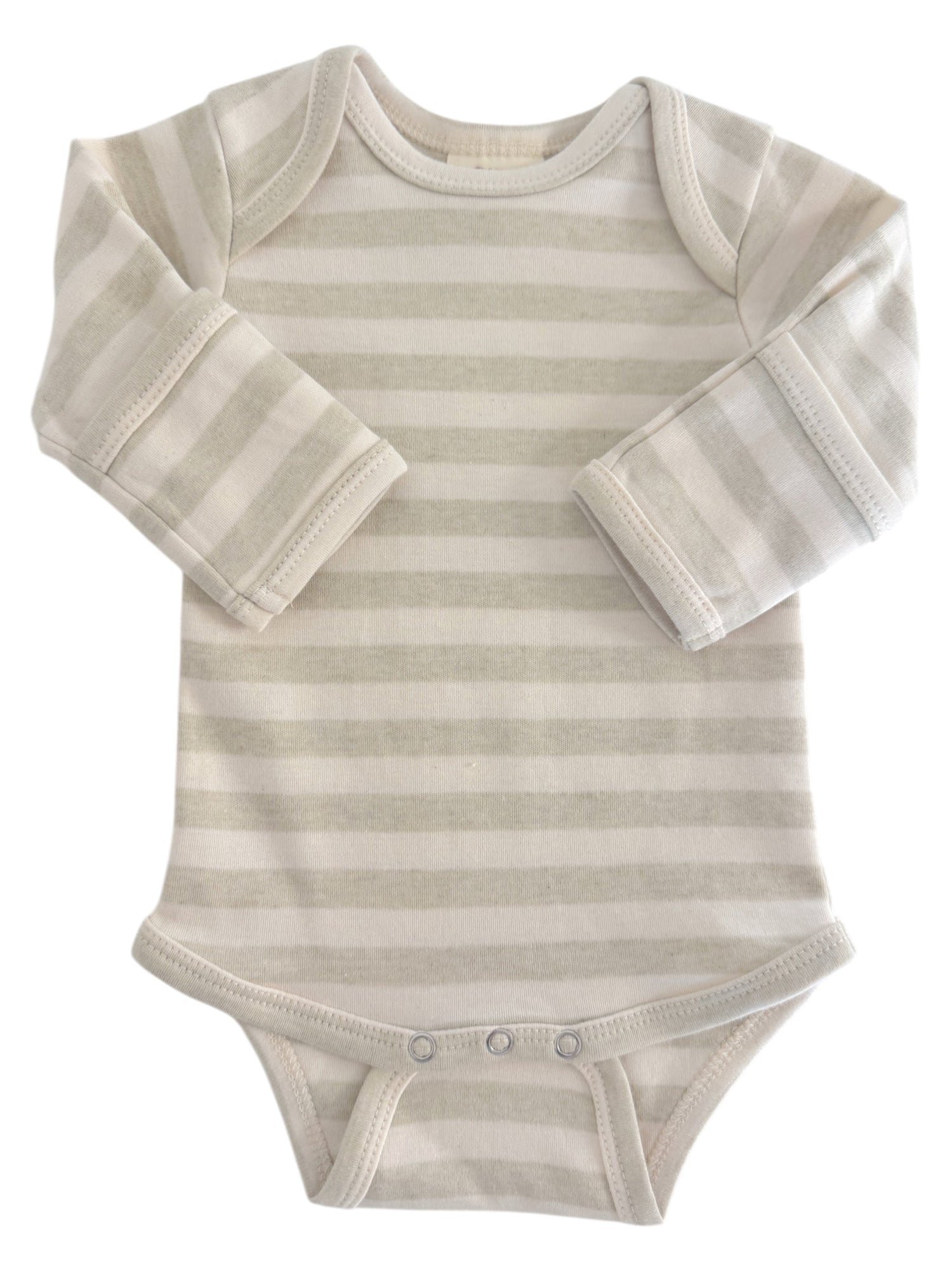 Beige striped baby onesie with long sleeves and snaps at the bottom.