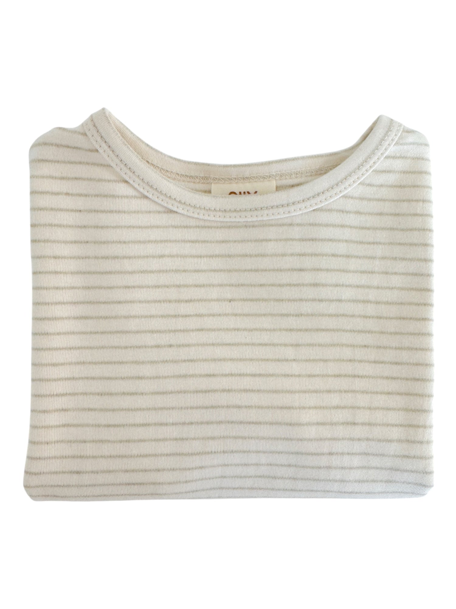 Folded light striped shirt on a white background.
