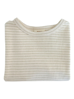 Folded light striped shirt on a white background.