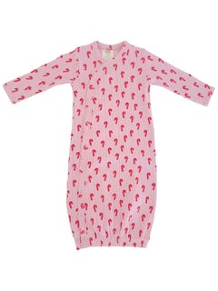 Pink baby gown with candy cane pattern and long sleeves, featuring snap buttons for easy dressing.