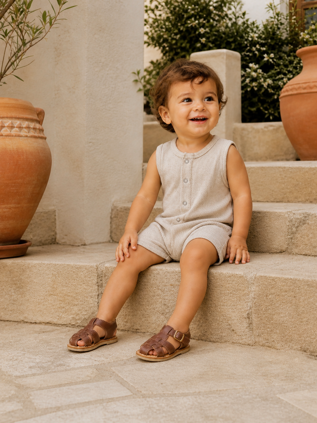 Smiling toddler in a light grey romper and brown sandals, sitting on stone steps with decorative pots nearby.