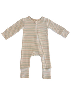 Striped baby onesie with long sleeves and a front zipper, ideal for comfort and ease of dressing.