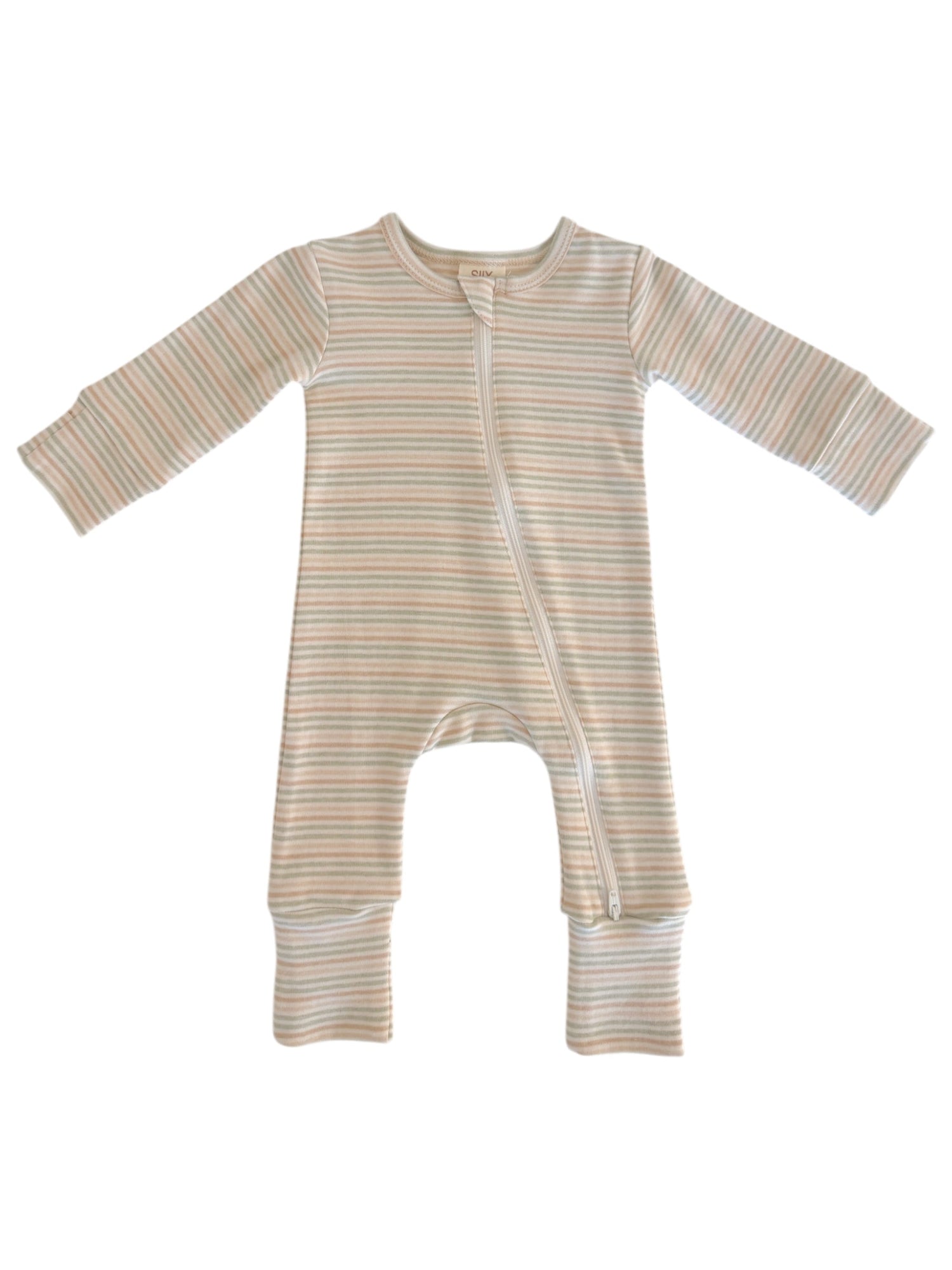 Striped baby onesie with long sleeves and a front zipper, ideal for comfort and ease of dressing.