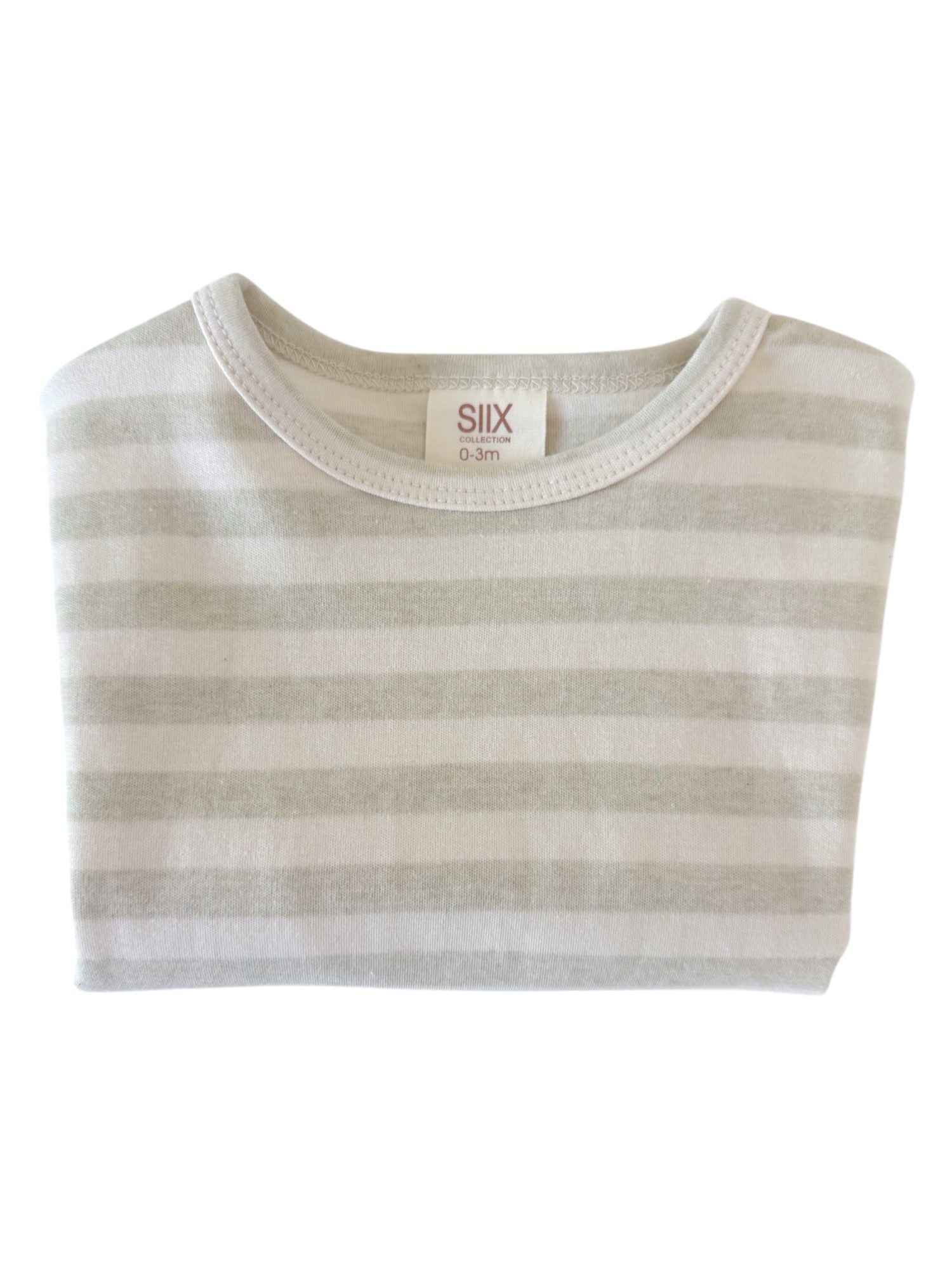 Striped baby shirt folded neatly, size 0-3 months, featuring soft cotton fabric in light colors.