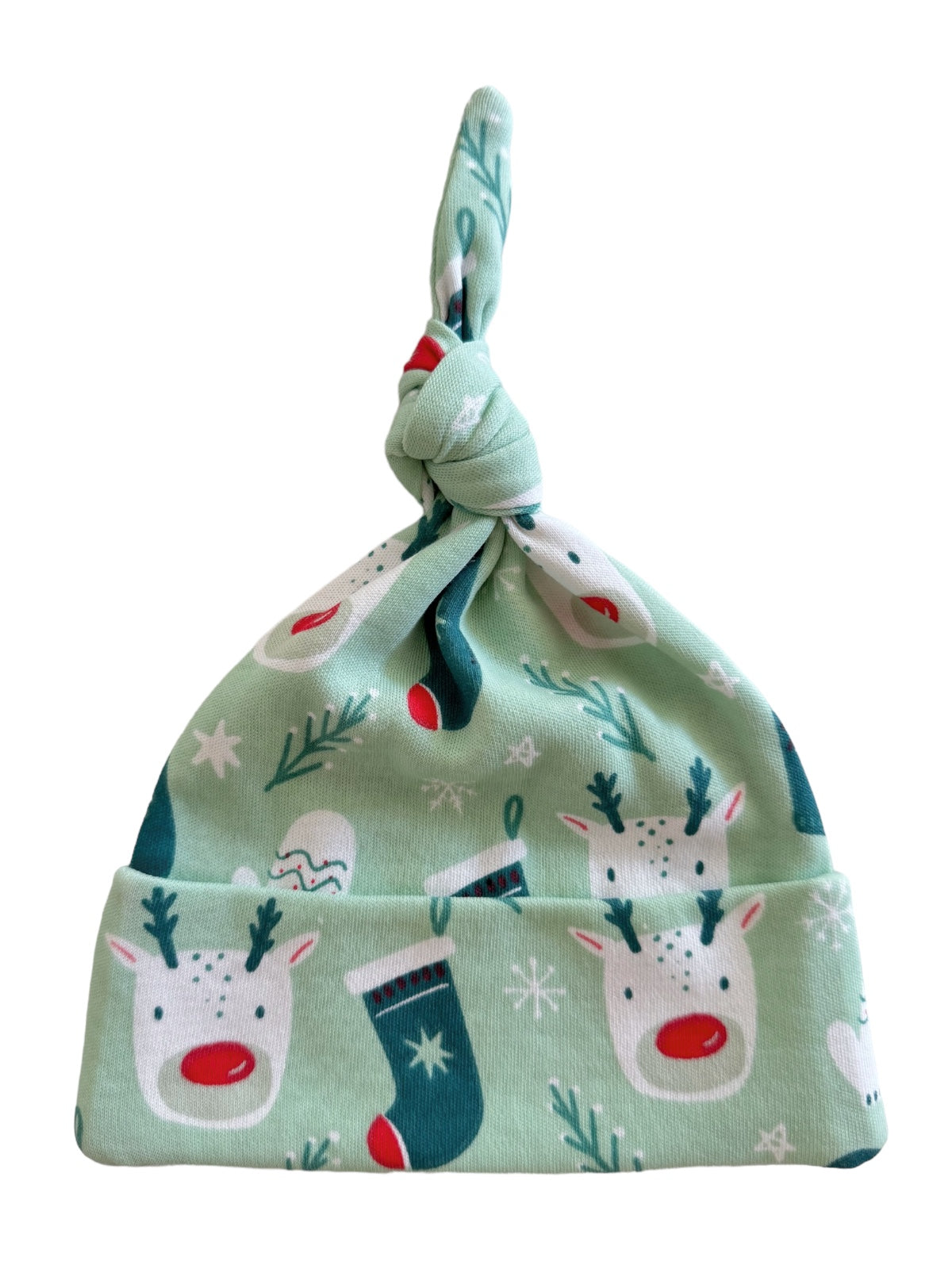 Green knot beanie featuring festive reindeer and holiday designs with red and mint accents.