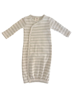 Striped baby gown with long sleeves and button closure, designed for comfort and easy diaper changes.