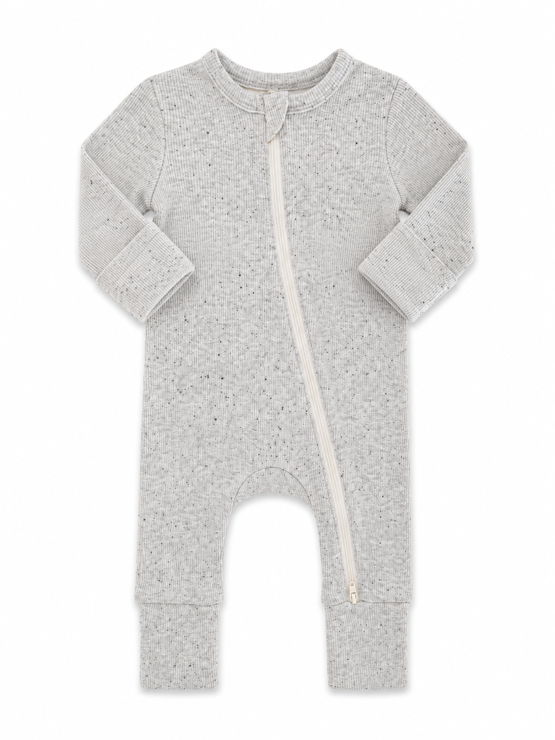 Gray baby onesie with a front zipper and long sleeves, featuring a textured pattern.