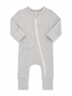 Gray baby onesie with a front zipper and long sleeves, featuring a textured pattern.