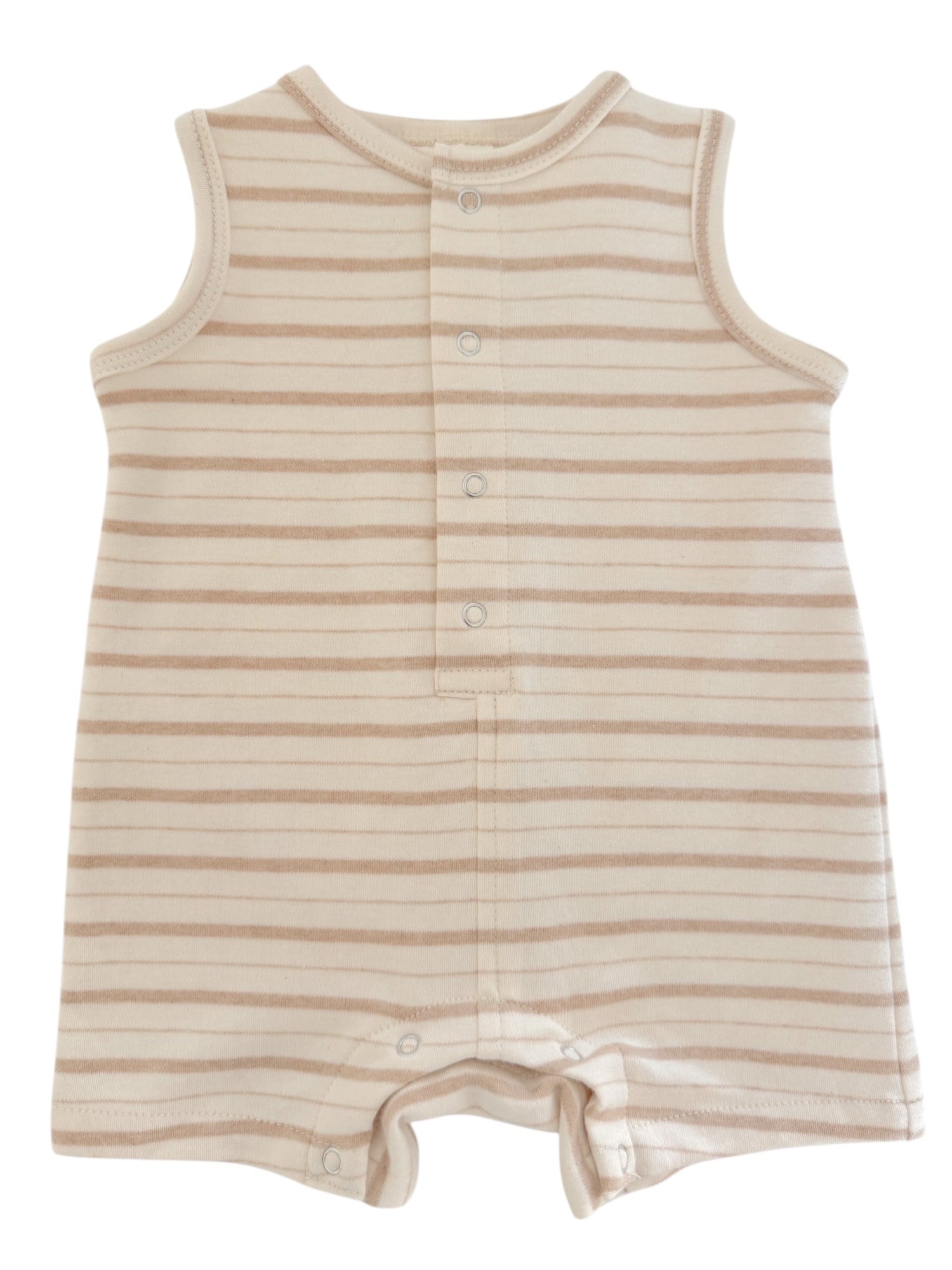 Beige-striped infant romper with sleeveless design and snap closures down the front and between the legs.