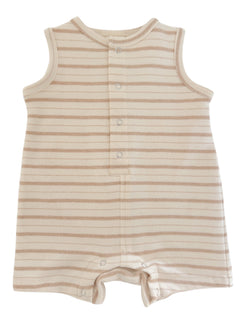 Beige-striped infant romper with sleeveless design and snap closures down the front and between the legs.