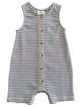 Striped infant romper with tank sleeves and button closure, featuring navy blue and white horizontal stripes.