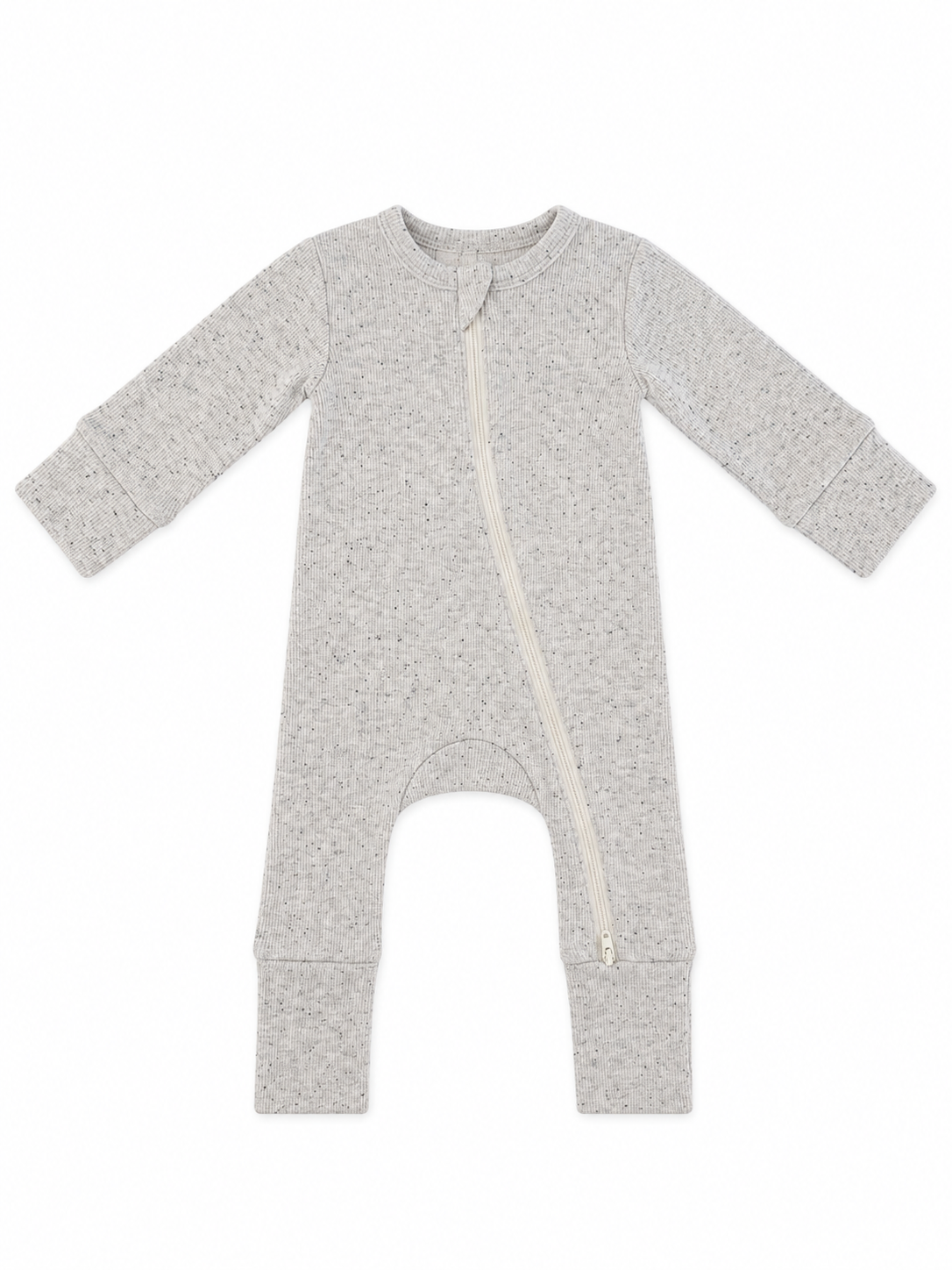 Gray baby onesie with long sleeves and a front zipper, featuring a textured fabric pattern.