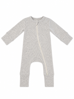 Gray baby onesie with long sleeves and a front zipper, featuring a textured fabric pattern.