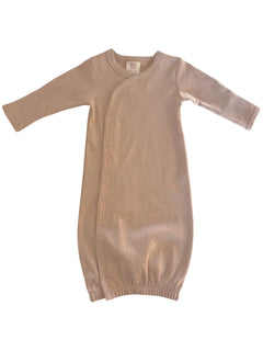 Light brown infant gown with long sleeves and snap buttons, designed for easy dressing and comfort.