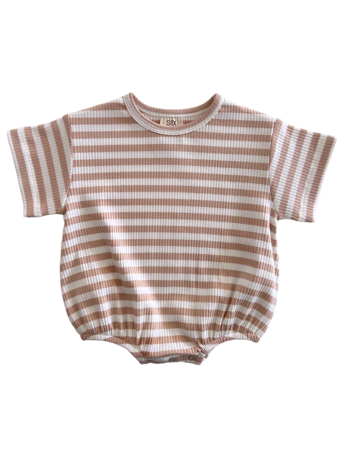 Striped baby romper in soft beige and white colors with short sleeves and a gathered bottom.