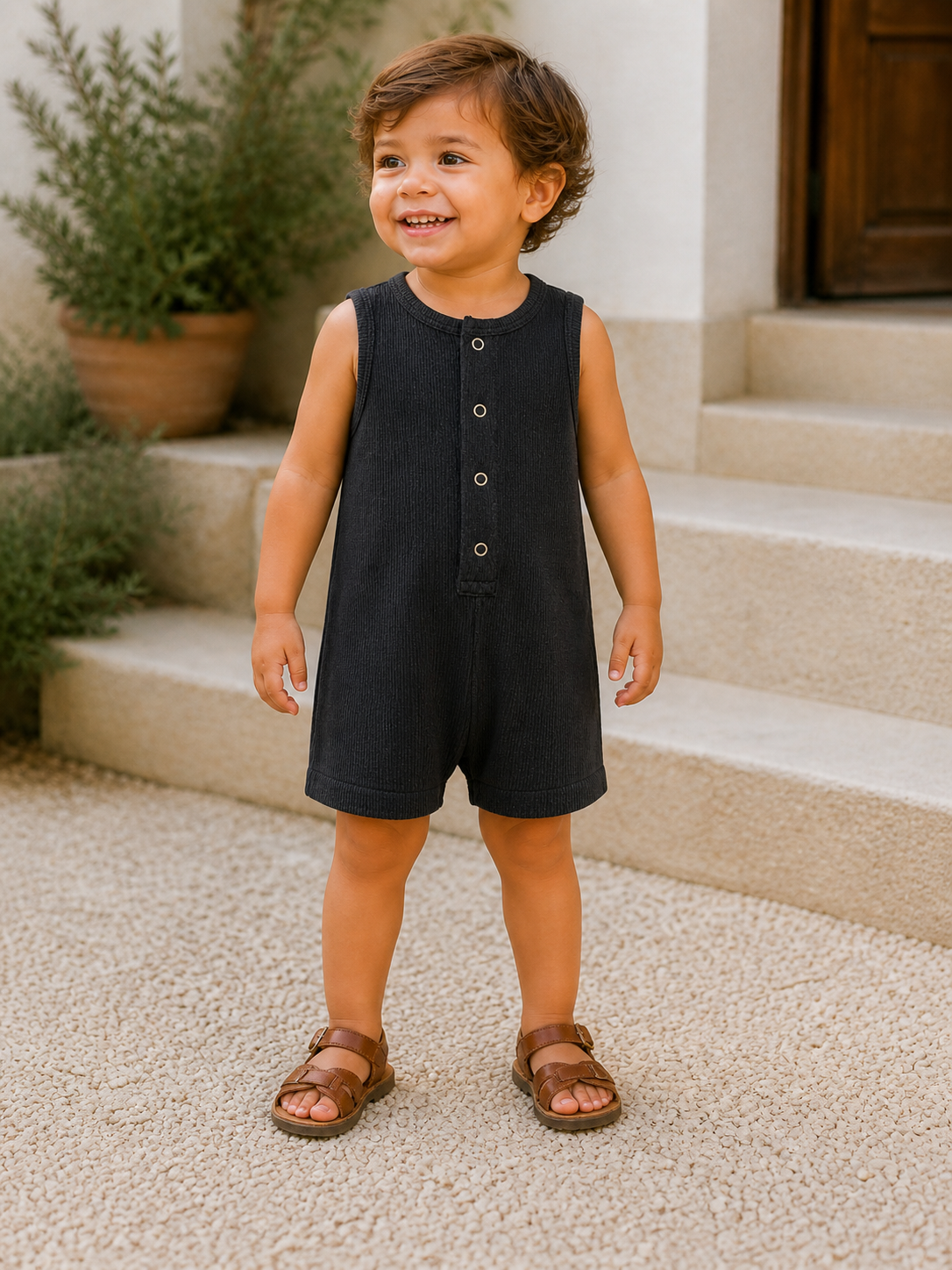 Smiling young child in a dark romper and sandals, standing on textured stones near potted greenery.
