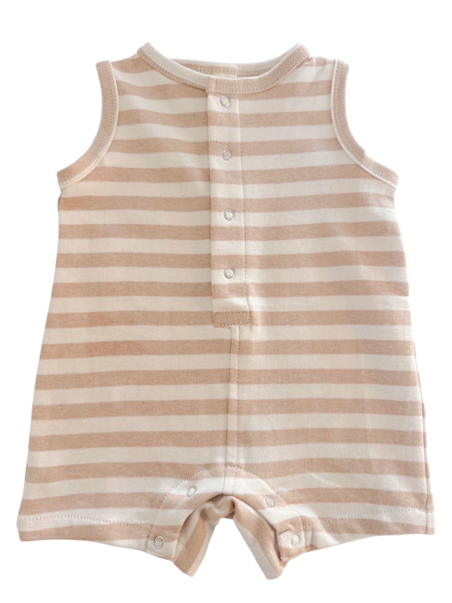 Beige and white striped baby romper with snap buttons, featuring sleeveless design and simple styling.