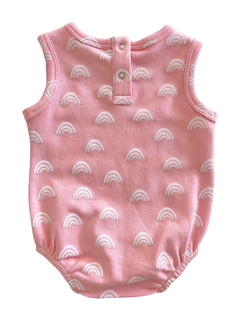 Pink baby romper featuring a playful white rainbow pattern and snap closure at the back.