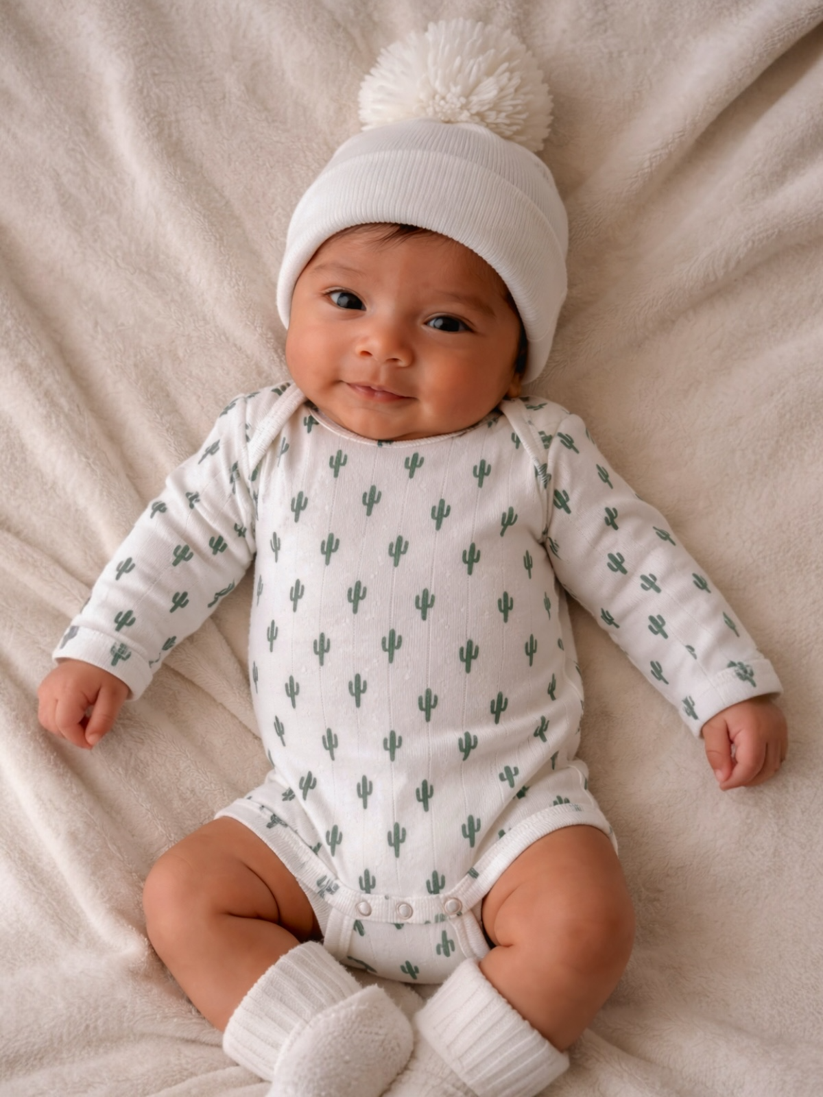 Smiling baby in cactus-patterned onesie and white pom-pom hat, lying on a soft, light-colored blanket.