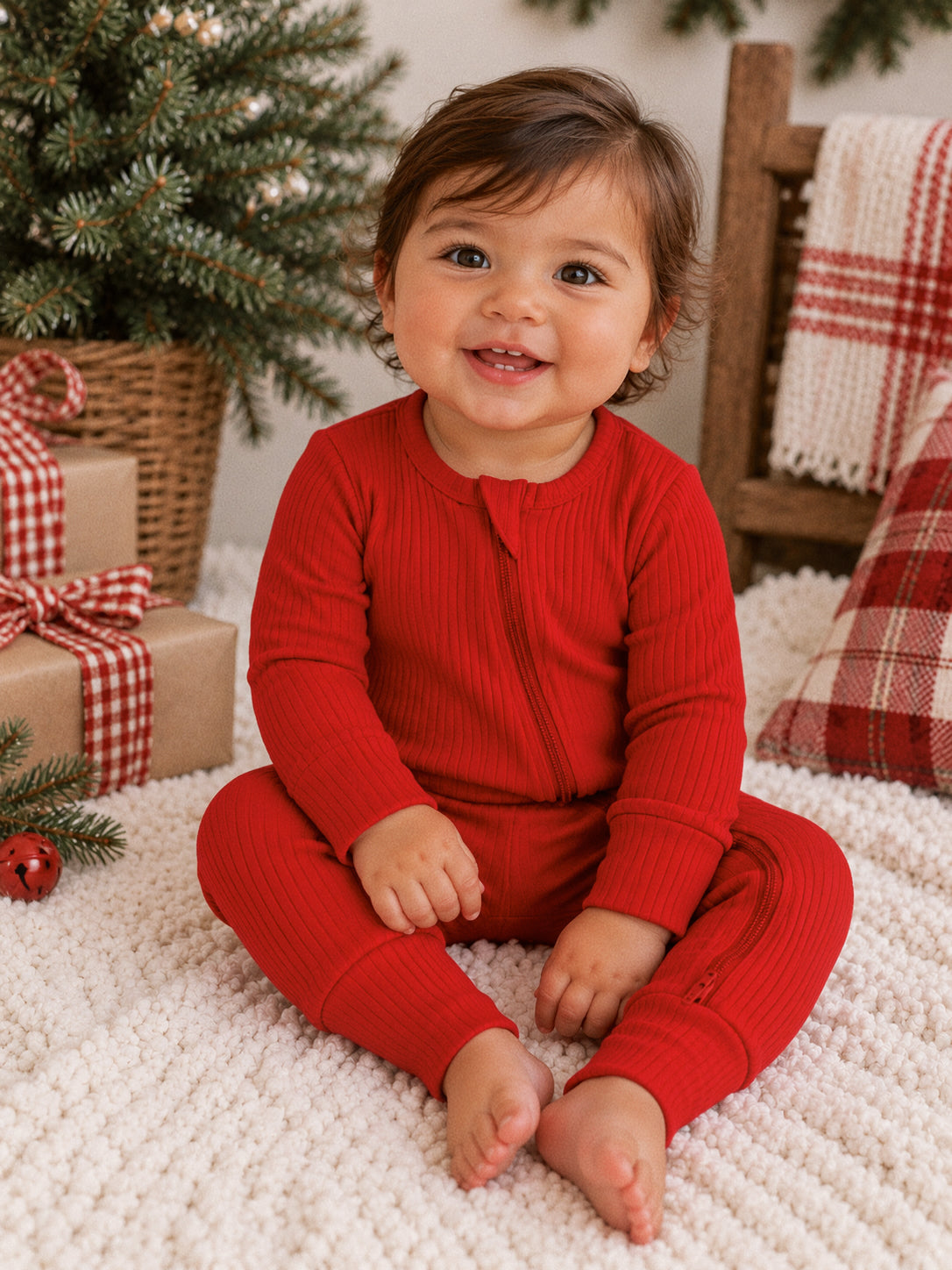Red / Ribbed 2-Way Zip Romper