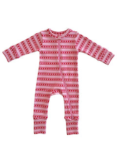 Pink baby onesie with red heart patterns and a front zip closure. Perfect for comfort and style.