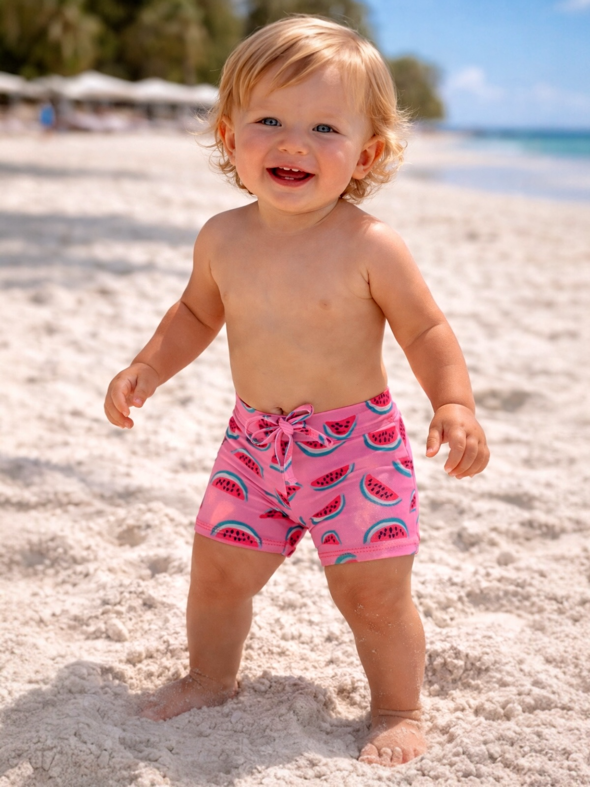 Smiling toddler in pink watermelon-patterned swim trunks playing in soft beach sand.