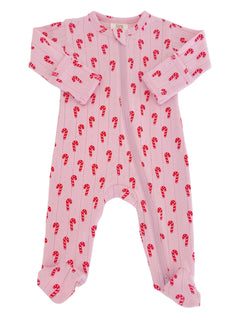 Pink baby onesie with candy cane pattern and long sleeves. Suitable for infants during winter.