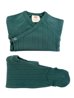 Green knitted baby sweater set displayed flat, featuring a wrap design and a textured pattern. Size: 0-3 months.
