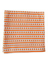 Orange and white fabric featuring repeating pumpkin patterns in horizontal stripes. Perfect for fall decor.
