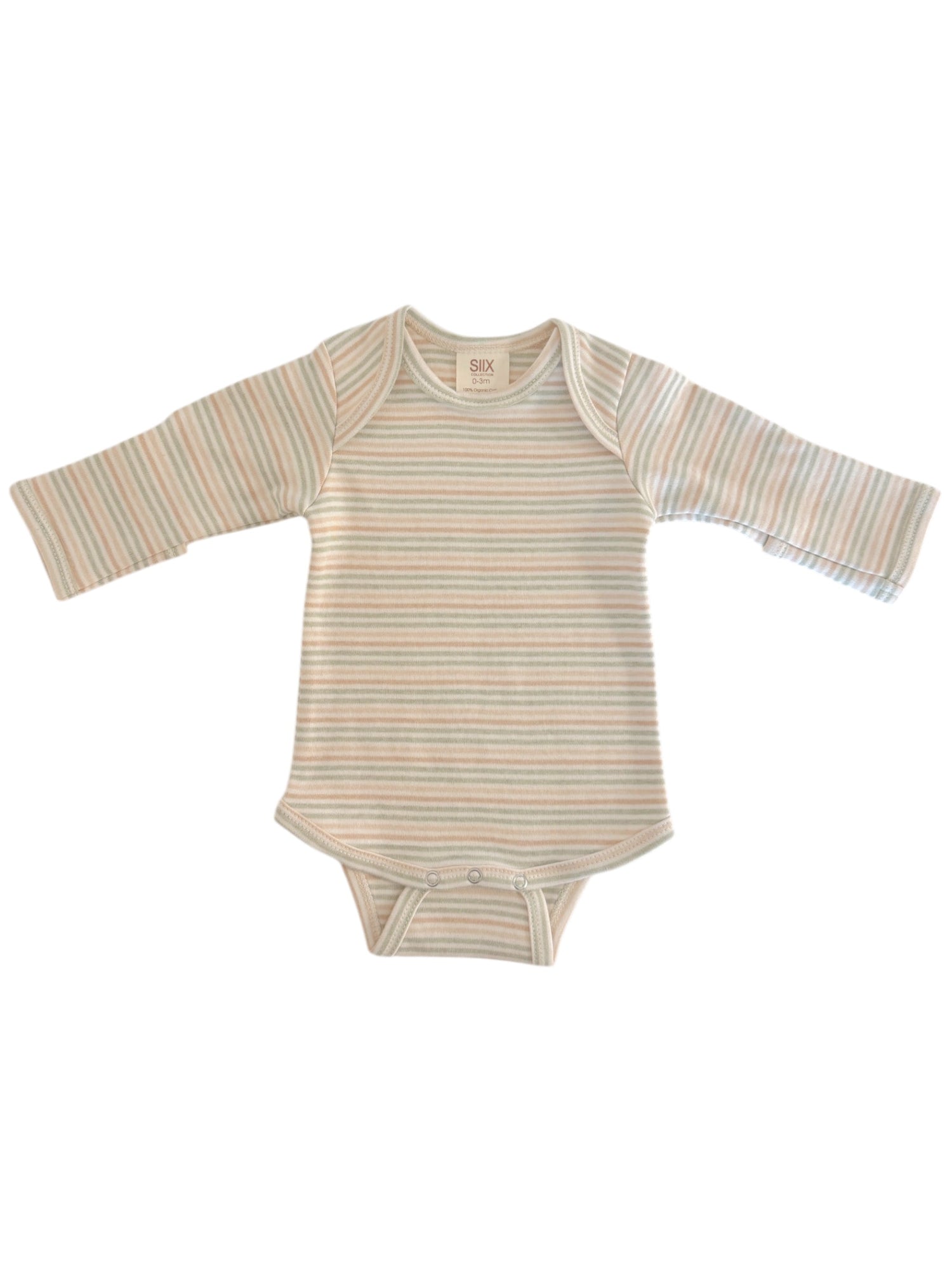 Lightly striped long-sleeve baby bodysuit in soft pastel colors, featuring snaps at the bottom for easy dressing.