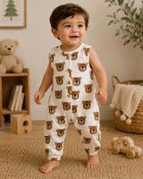 Smiling toddler in bear-patterned romper, standing on carpeted floor with toys and decor in the background.