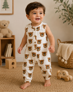 Smiling toddler in bear-patterned romper, standing on carpeted floor with toys and decor in the background.
