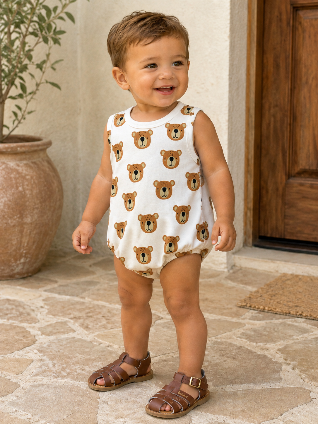 Smiling toddler in a bear-patterned outfit stands on stone floor by a door, wearing brown sandals.