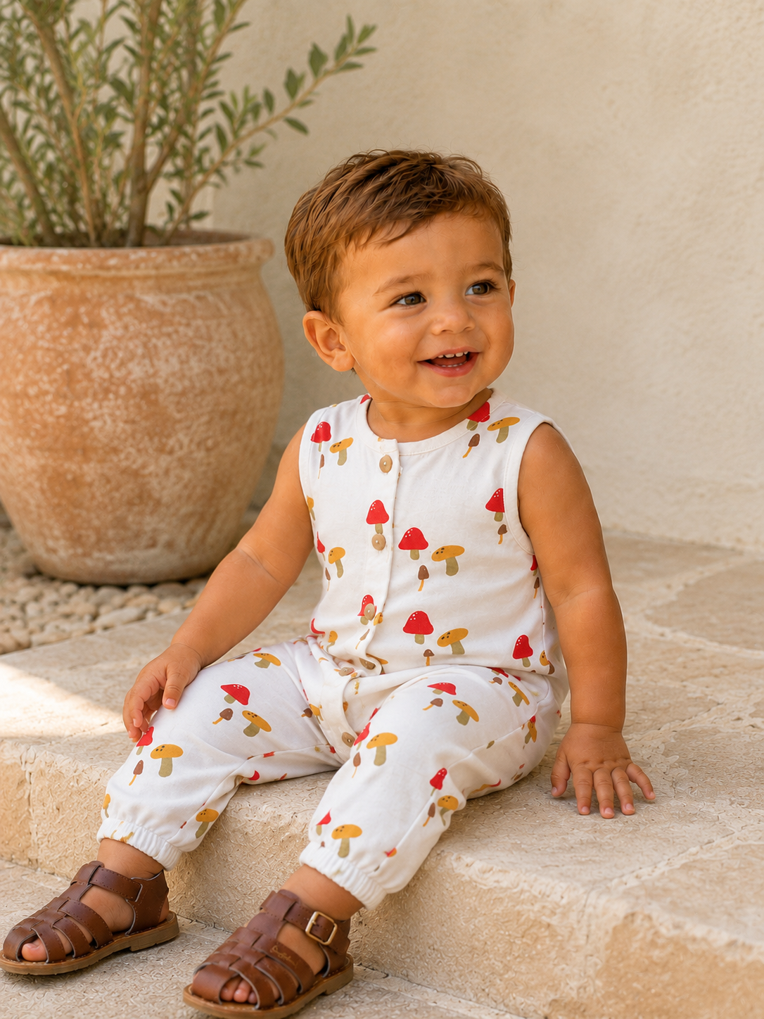 Smiling toddler in a playful mushroom-patterned outfit sits on a stone step by a potted plant.