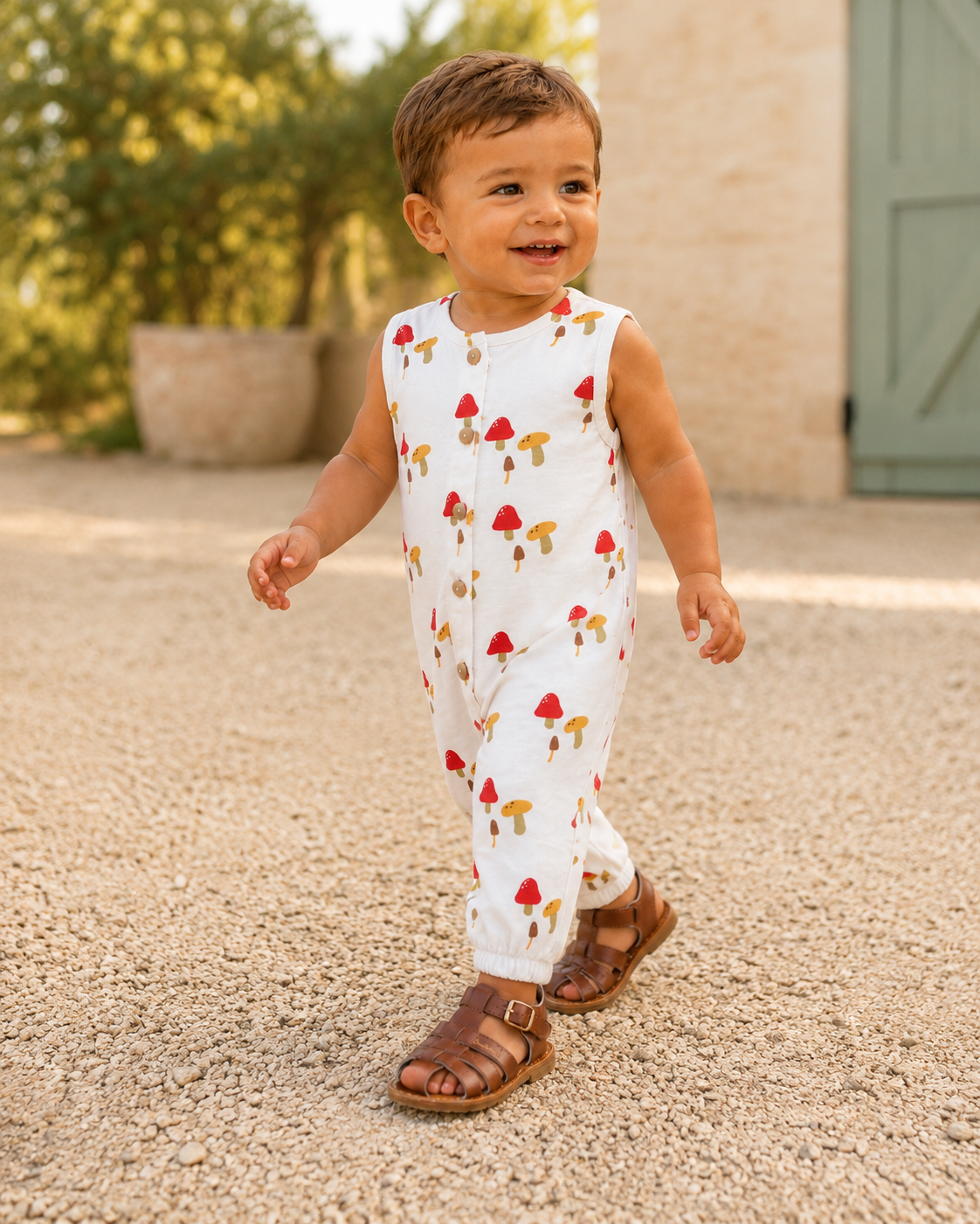 Smiling child in a playful outfit with mushroom patterns, walking on a gravel path outdoors.