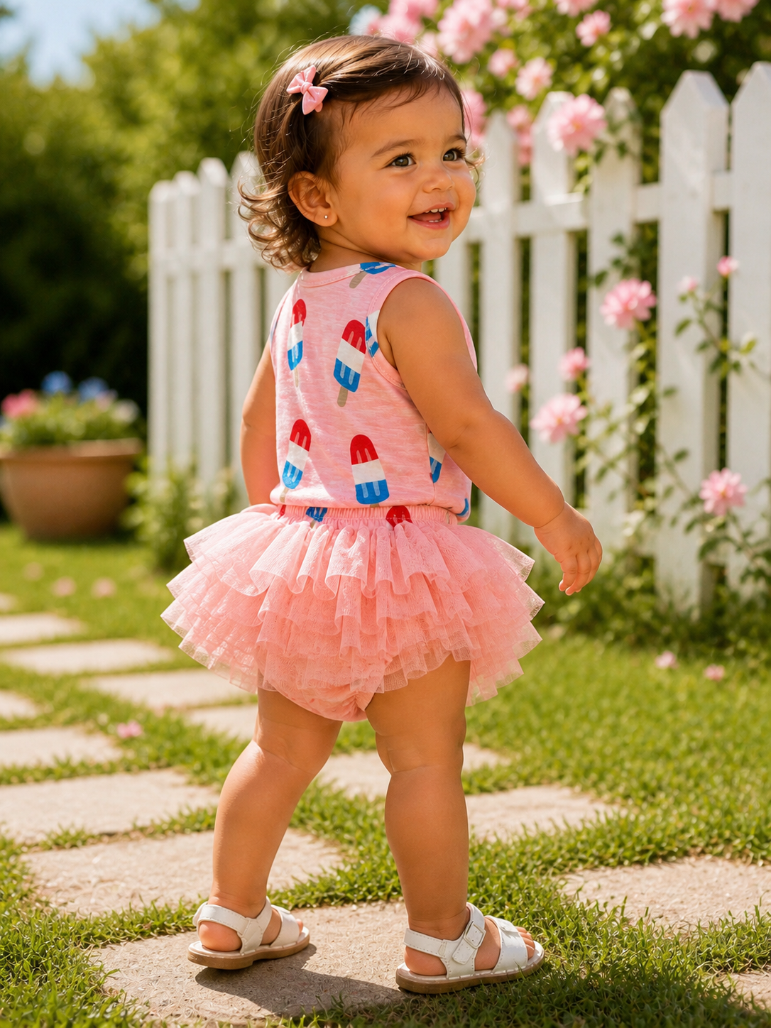 Smiling toddler in a pink tutu with popsicle prints, standing on a stone pathway in a sunny garden.
