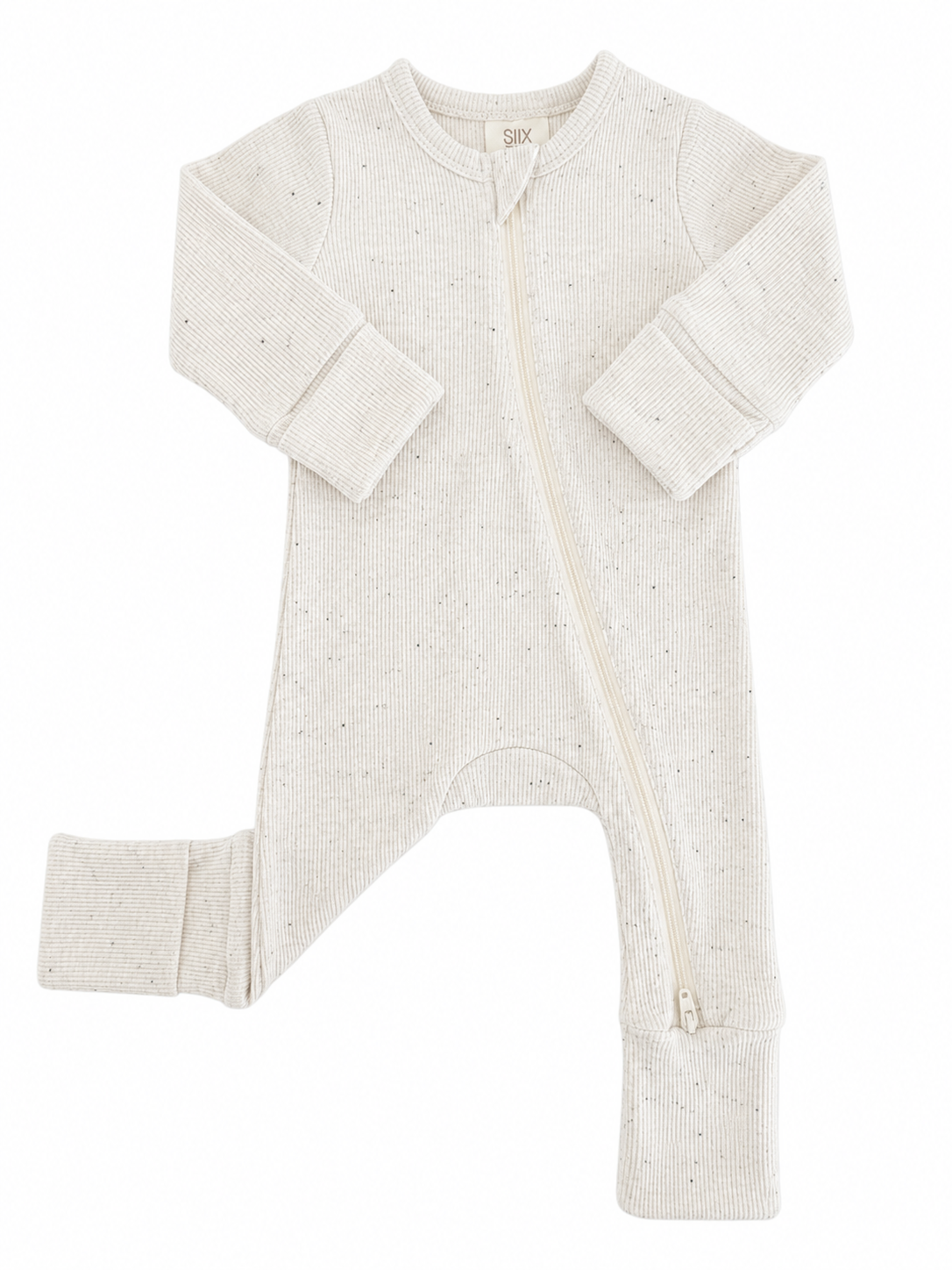 Light gray baby onesie with zipper, ribbed texture, and cuffed sleeves and legs. Perfect for comfort and ease.