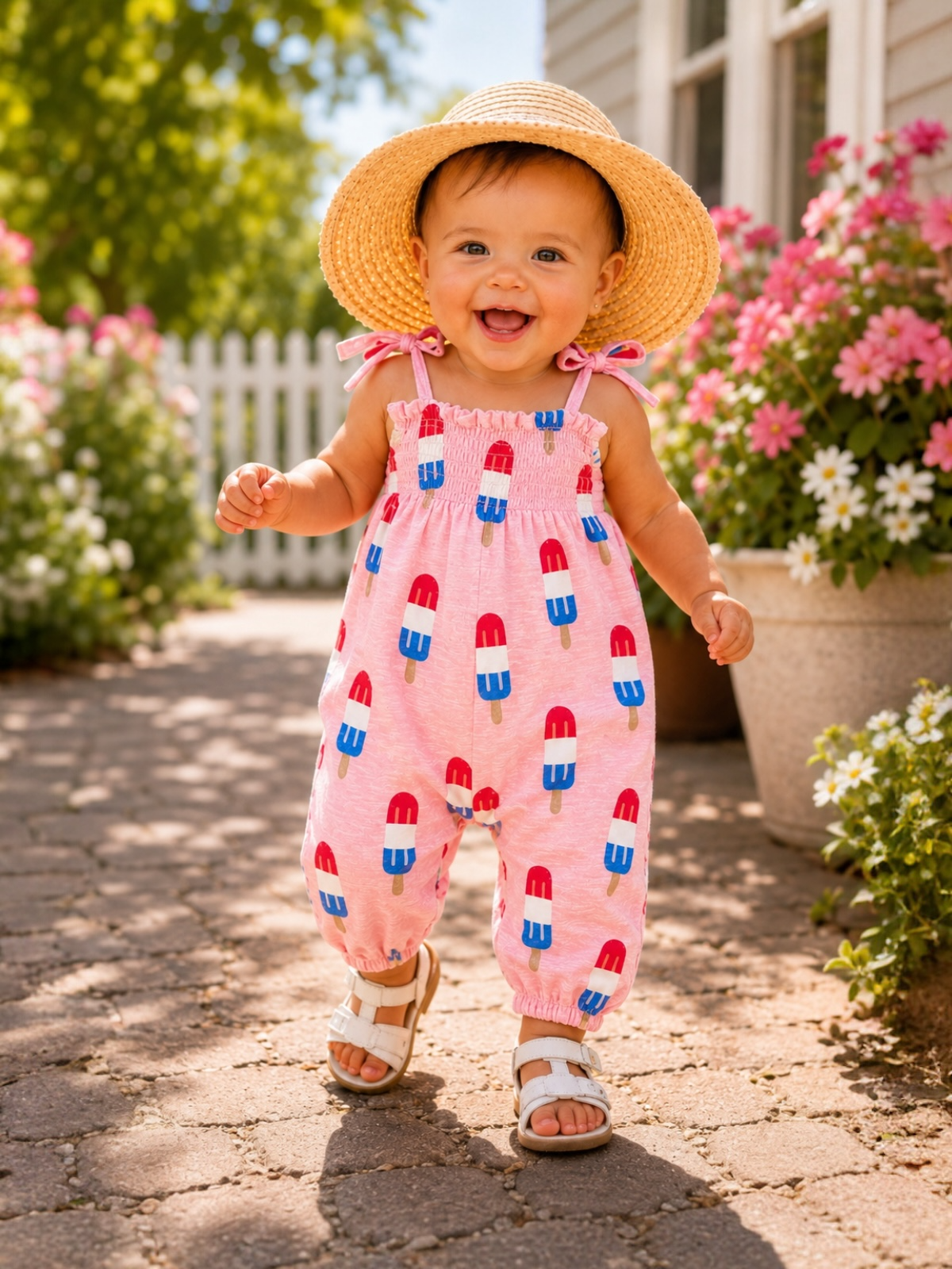Smiling toddler in a pink popsicle-patterned outfit and sun hat, walking on a garden path surrounded by flowers.