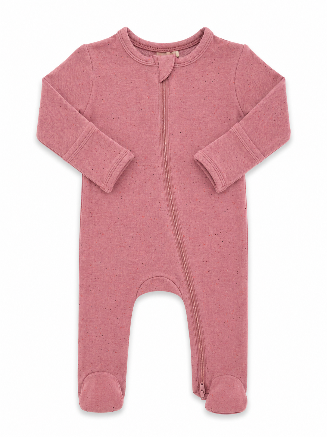 Pink baby onesie with long sleeves and a front zipper, designed for comfort and easy dressing.