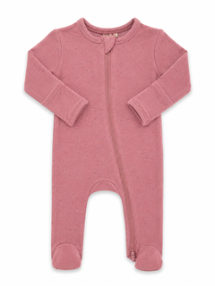 Pink baby onesie with long sleeves and a front zipper, designed for comfort and easy dressing.