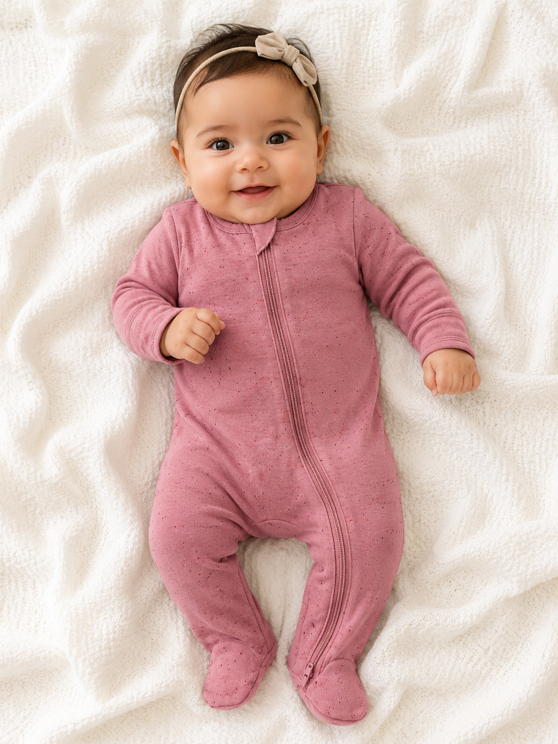 Smiling baby in a pink onesie with a bow headband, lying on a soft, white textured blanket.