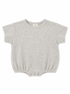 Gray short-sleeve baby bodysuit with ribbed texture and snap button closure at the bottom.