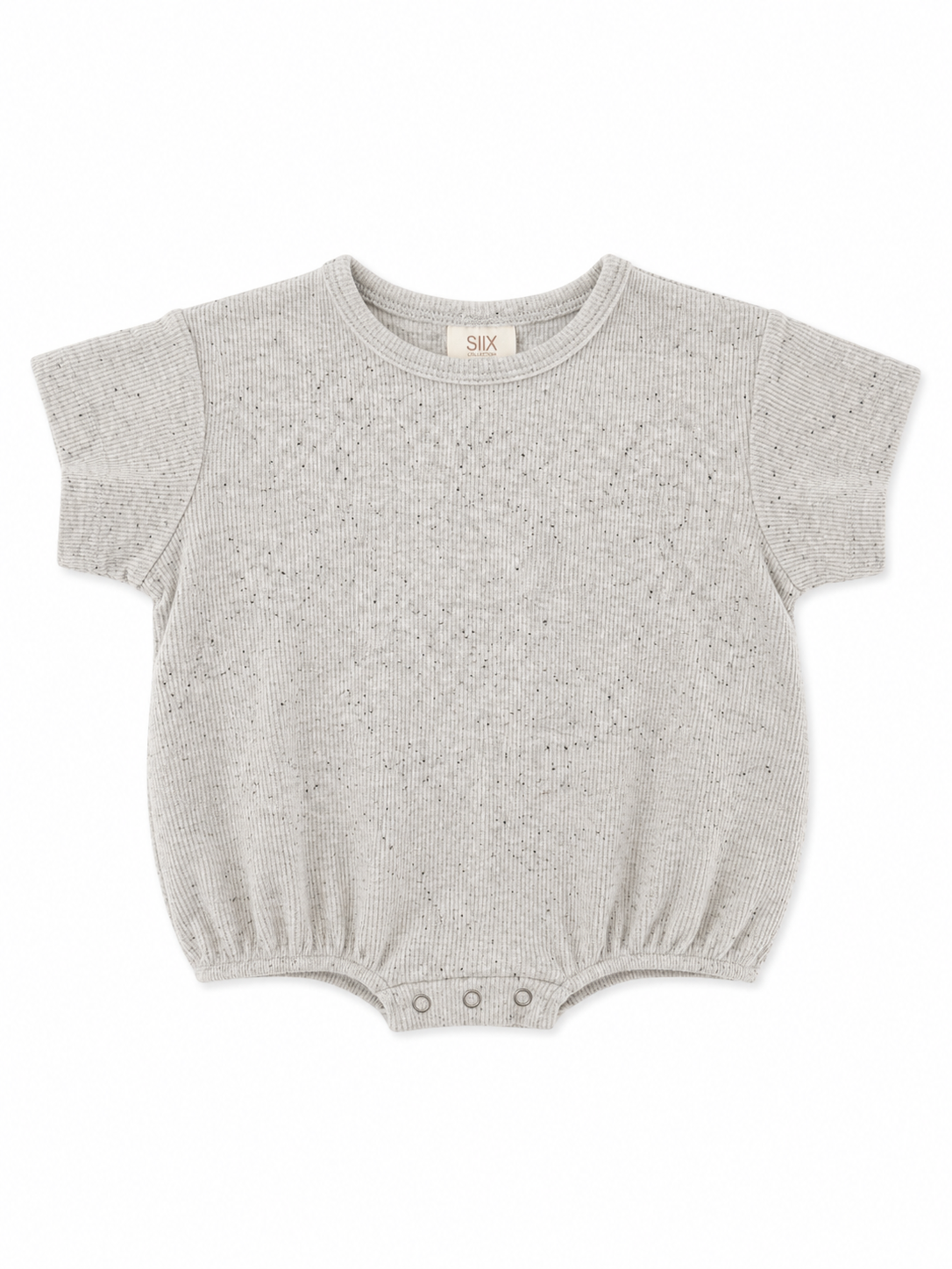Gray short-sleeve baby bodysuit with ribbed texture and snap button closure at the bottom.