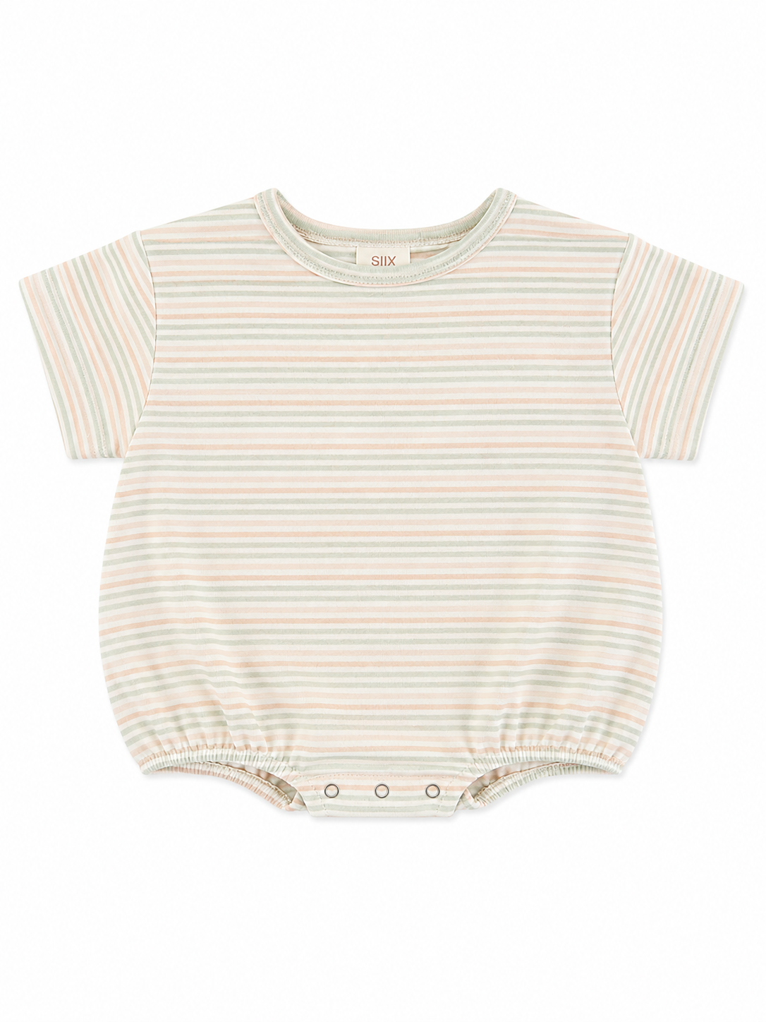 Lightly striped baby onesie in pastel colors with short sleeves and snap closures at the bottom.