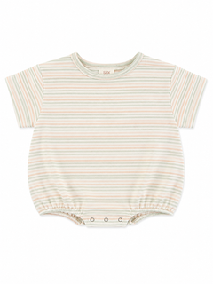 Lightly striped baby onesie in pastel colors with short sleeves and snap closures at the bottom.