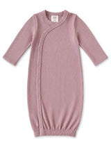 Light pink ribbed baby gown with long sleeves and snap closure, ideal for infants 0-3 months.