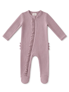 Light purple ribbed infant onesie with a front zipper and ruffle detail along the side.