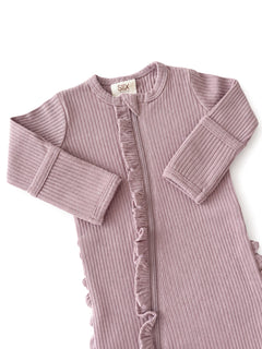 Light purple ribbed infant sleep sack with a front zipper and ruffle details along the opening and sides.