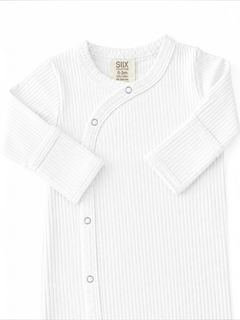 White ribbed baby bodysuit with snap buttons, made from 95% cotton and 5% spandex, size 0-3 months.